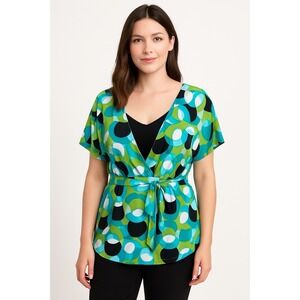 Style & Co blouse M Multicolor Geometric Print V Neck Tie Back Stretch